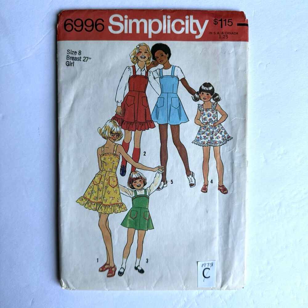 Vintage 1970s Simplicity 6996 Sewing Pattern Girls Dress Jumper Two Lengths Sz 8